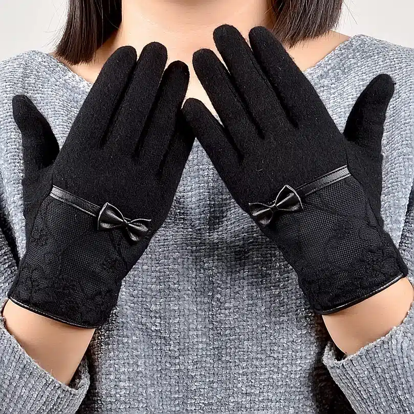 Women Lace Embroidered Wool Gloves New Winter Thick Ladies Bow-knot Ladies Gloves Grey And Pink Elegant Soft Mittens Gloves 19