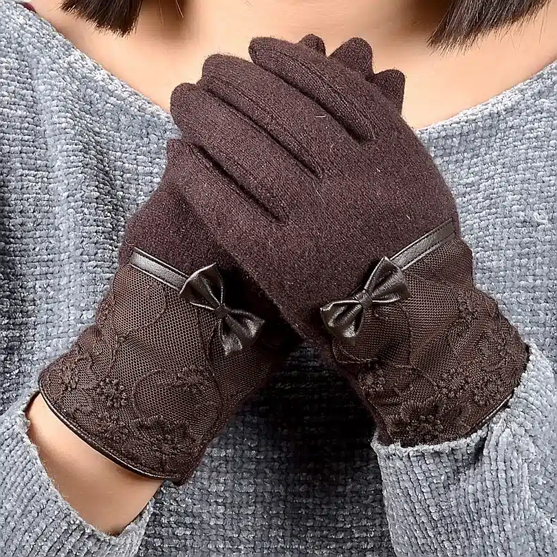 Women Lace Embroidered Wool Gloves New Winter Thick Ladies Bow-knot Ladies Gloves Grey And Pink Elegant Soft Mittens Gloves 20