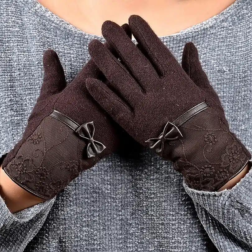Women Lace Embroidered Wool Gloves New Winter Thick Ladies Bow-knot Ladies Gloves Grey And Pink Elegant Soft Mittens Gloves 21