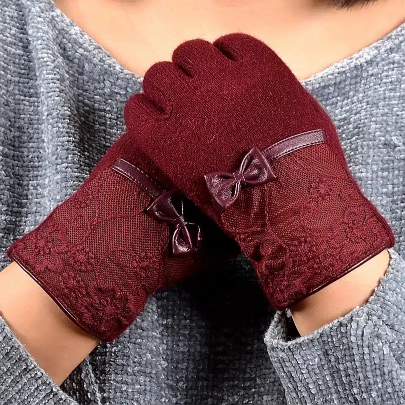 Women Lace Embroidered Wool Gloves New Winter Thick Ladies Bow-knot Ladies Gloves Grey And Pink Elegant Soft Mittens Gloves 22