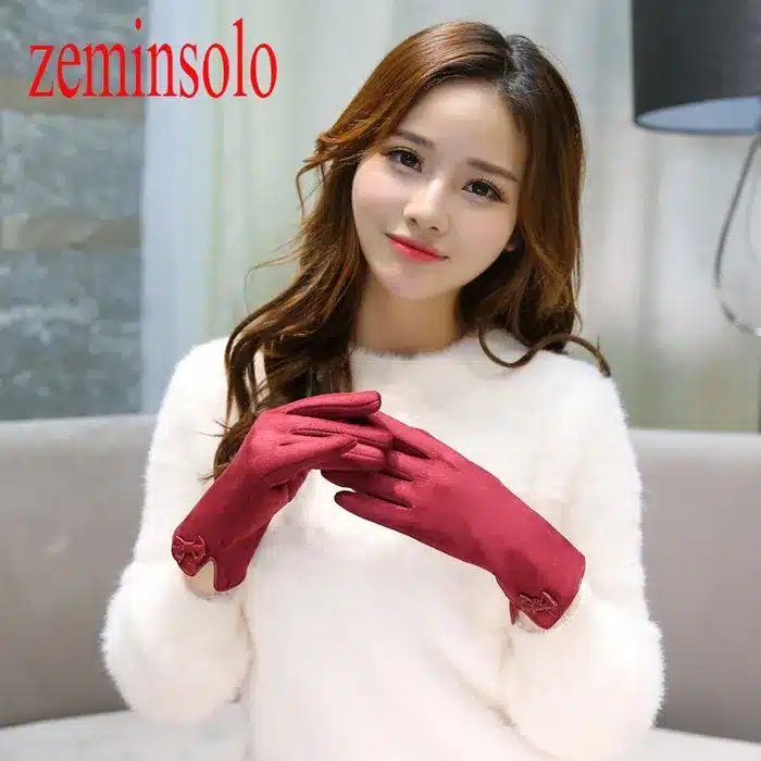 Fashion PU Leather Bow Women Winter Gloves Female Ladies Girls Touch Screen Mittens Cashmere Wool Gloves Mittens For Smartphine 11