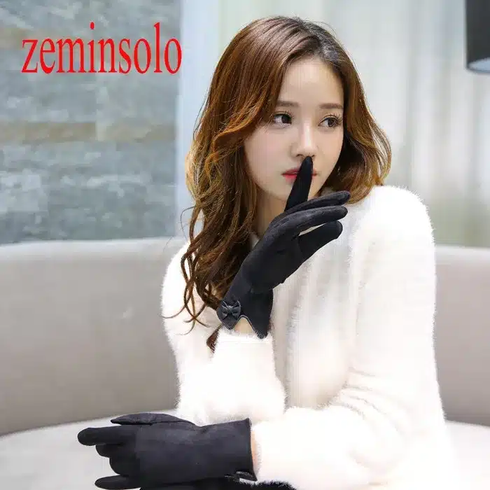 Fashion PU Leather Bow Women Winter Gloves Female Ladies Girls Touch Screen Mittens Cashmere Wool Gloves Mittens For Smartphine 18