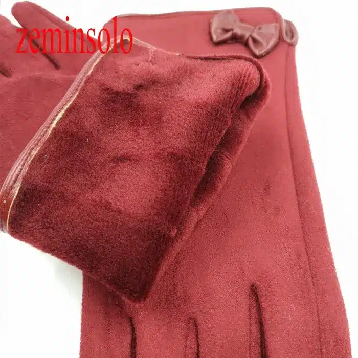 Fashion PU Leather Bow Women Winter Gloves Female Ladies Girls Touch Screen Mittens Cashmere Wool Gloves Mittens For Smartphine 21
