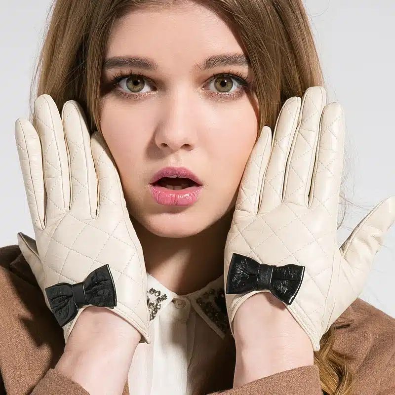Gours Women's Winter Genuine Leather Gloves Brand White Black Touch Screen Gloves Ladies Girls Goatskin Bow Cute Mittens GSL009 3