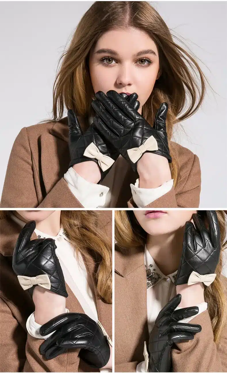 Gours Women's Winter Genuine Leather Gloves Brand White Black Touch Screen Gloves Ladies Girls Goatskin Bow Cute Mittens GSL009 10