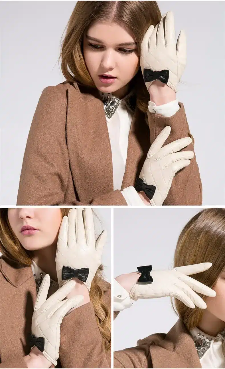 Gours Women's Winter Genuine Leather Gloves Brand White Black Touch Screen Gloves Ladies Girls Goatskin Bow Cute Mittens GSL009 11