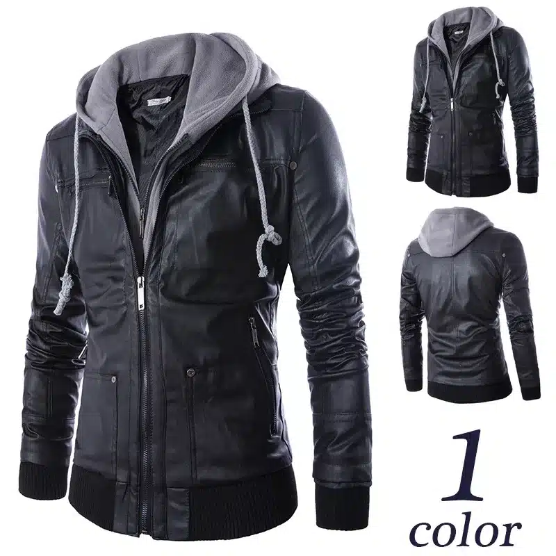 Leather Jacket Men Turn-down Collar With Hooded Jaqueta De Couro Masculina PU Mens Faux Fur Coats Veste Cuir Homme Motorcycle 7