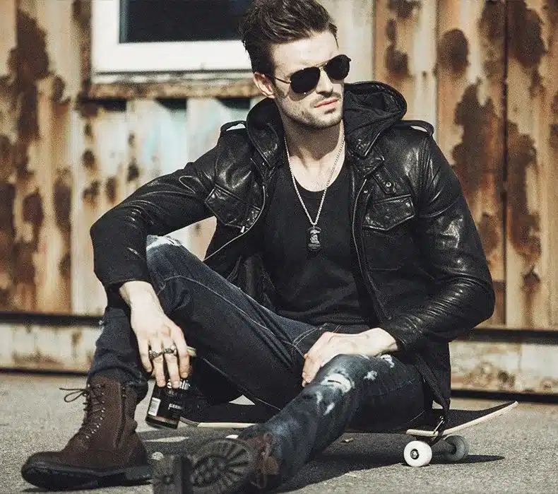 Dusen Klein men jackets tanned genuine sheepskin hooded motorcycle coats short/Slim Designer outwear 61U8183 15