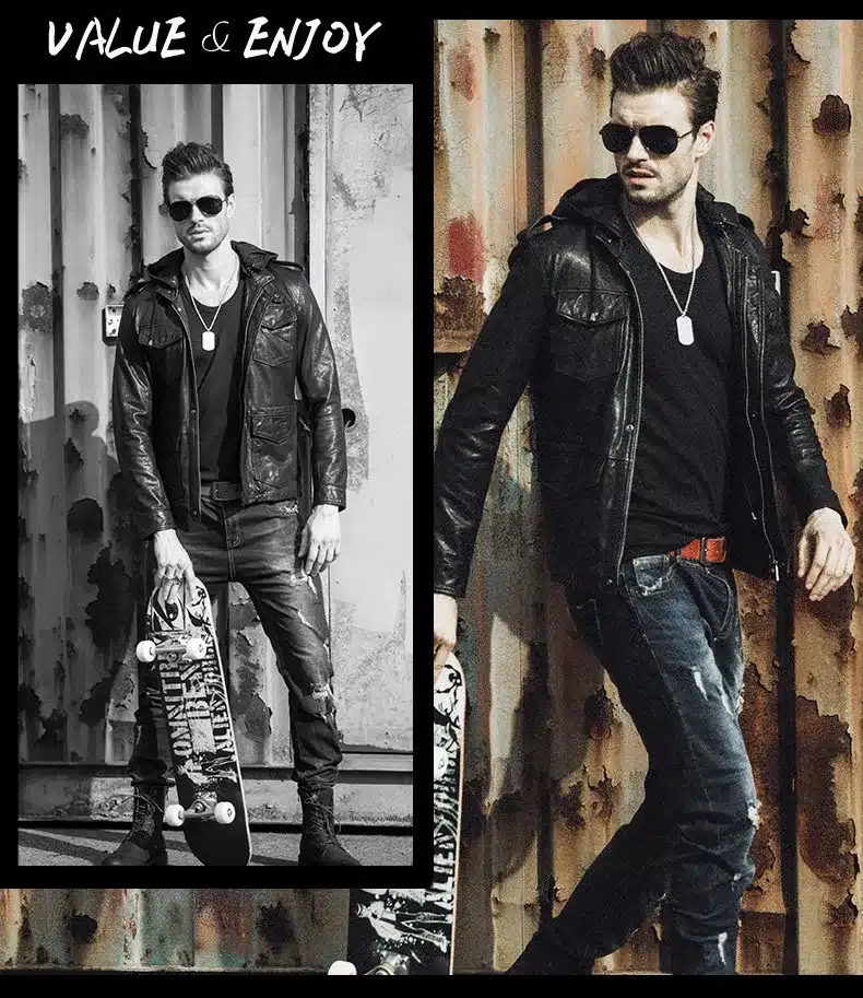 Dusen Klein men jackets tanned genuine sheepskin hooded motorcycle coats short/Slim Designer outwear 61U8183 19