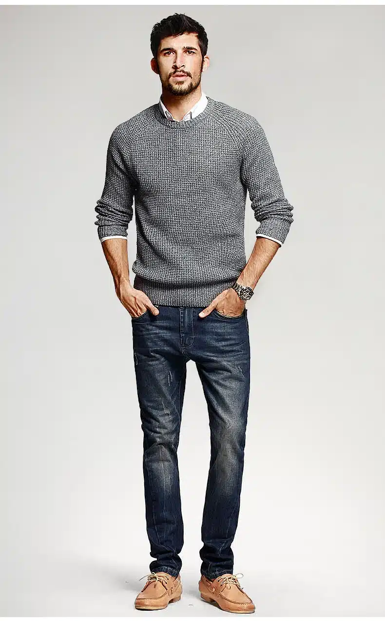 KUEGOU Autumn Mens Sweaters 100% Cotton Gray Color Knitted Brand Clothing Man's Knitwear Pullovers Knitting Plus Size Tops 14012 13