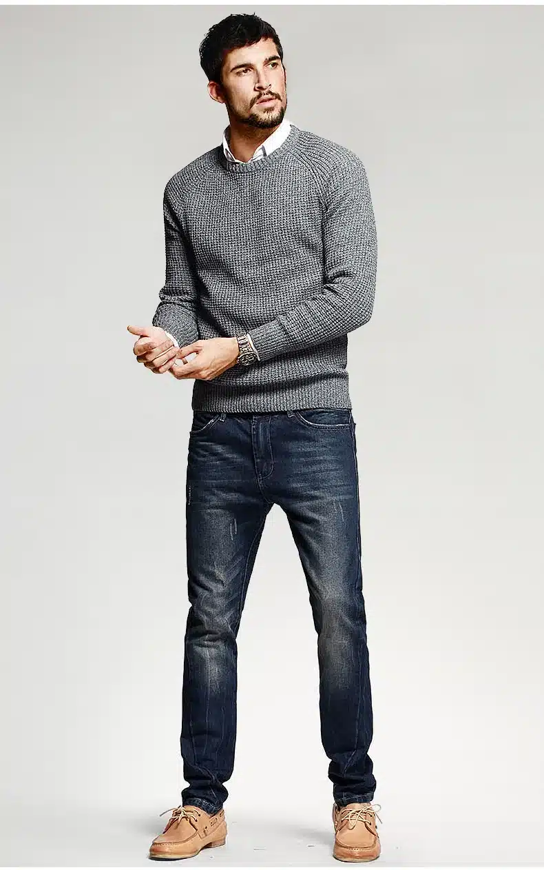 KUEGOU Autumn Mens Sweaters 100% Cotton Gray Color Knitted Brand Clothing Man's Knitwear Pullovers Knitting Plus Size Tops 14012 14