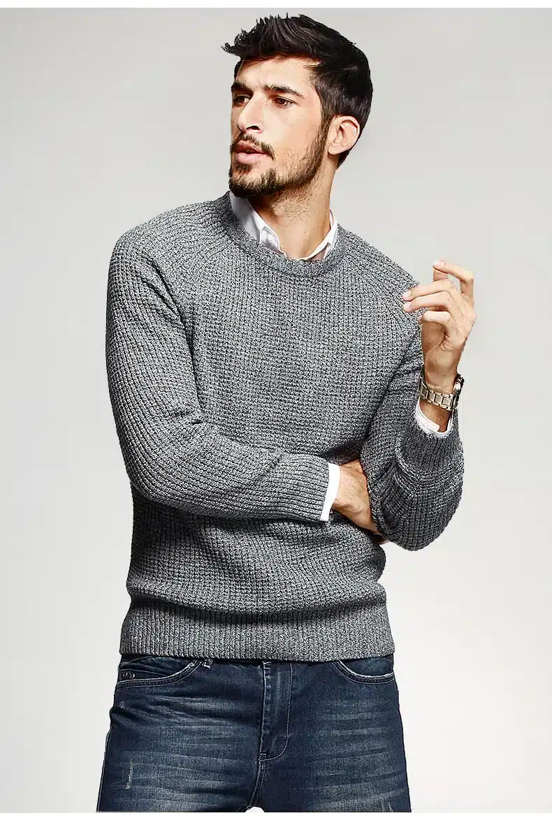 KUEGOU Autumn Mens Sweaters 100% Cotton Gray Color Knitted Brand Clothing Man's Knitwear Pullovers Knitting Plus Size Tops 14012 15