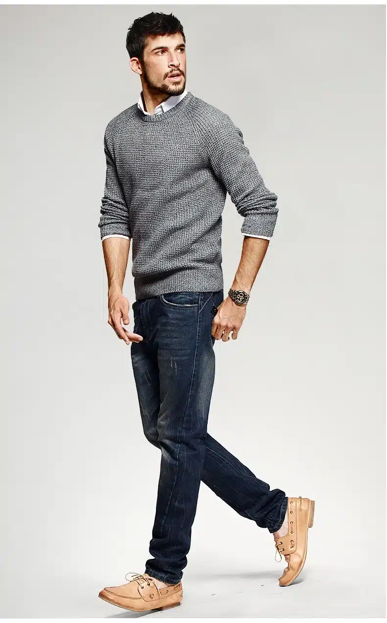 KUEGOU Autumn Mens Sweaters 100% Cotton Gray Color Knitted Brand Clothing Man's Knitwear Pullovers Knitting Plus Size Tops 14012 17