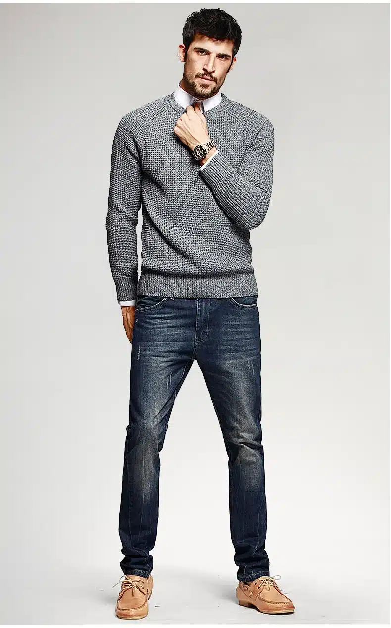 KUEGOU Autumn Mens Sweaters 100% Cotton Gray Color Knitted Brand Clothing Man's Knitwear Pullovers Knitting Plus Size Tops 14012 18