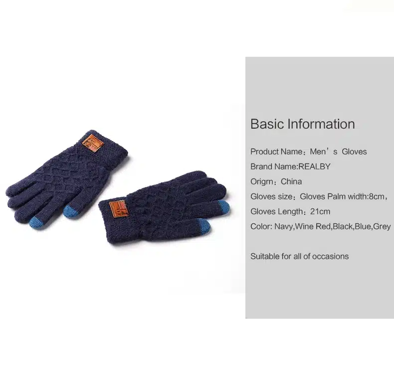 REALBY Men's Winter Gloves Warm Wrist touch Screen Glove Luvas de inverno Male Mitaine HommeThermal Warm Black Gloves Mittens 12