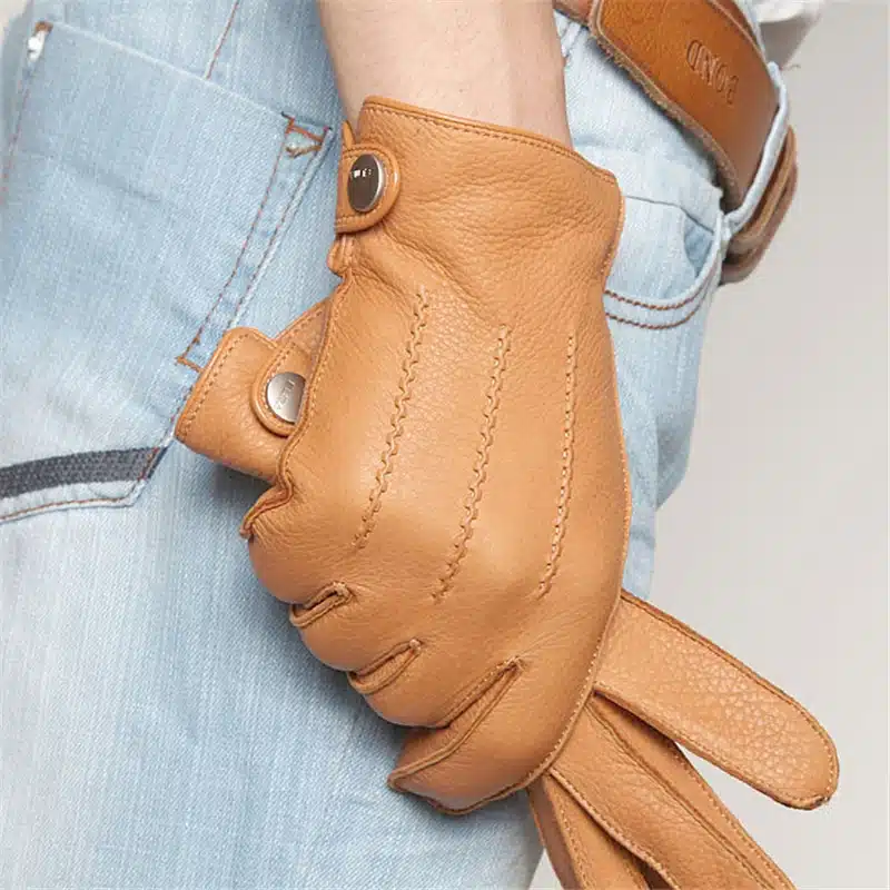 Fashion 2017 Luxury Men Deerskin Gloves Button Wrist Solid Genuine Leather Male Winter Driving Glove Free Shipping Em012wr 4