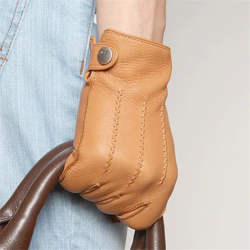 Fashion 2017 Luxury Men Deerskin Gloves Button Wrist Solid Genuine Leather Male Winter Driving Glove Free Shipping Em012wr 5