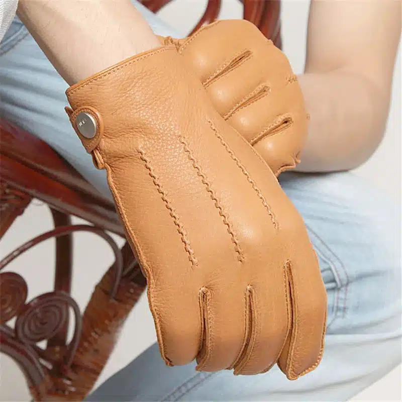 Fashion 2017 Luxury Men Deerskin Gloves Button Wrist Solid Genuine Leather Male Winter Driving Glove Free Shipping Em012wr 6