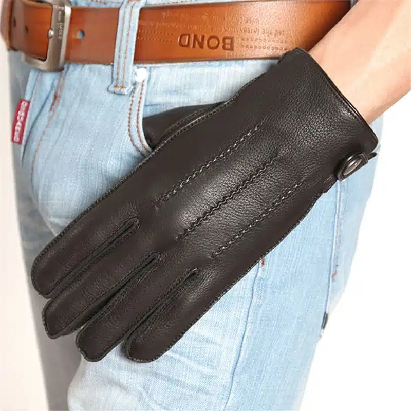 Fashion 2017 Luxury Men Deerskin Gloves Button Wrist Solid Genuine Leather Male Winter Driving Glove Free Shipping Em012wr 7