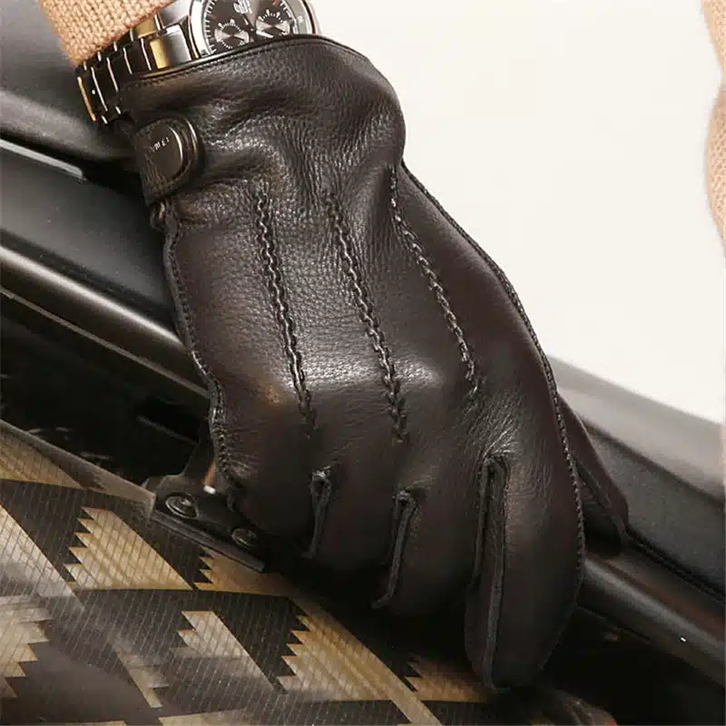 Fashion 2017 Luxury Men Deerskin Gloves Button Wrist Solid Genuine Leather Male Winter Driving Glove Free Shipping Em012wr 8