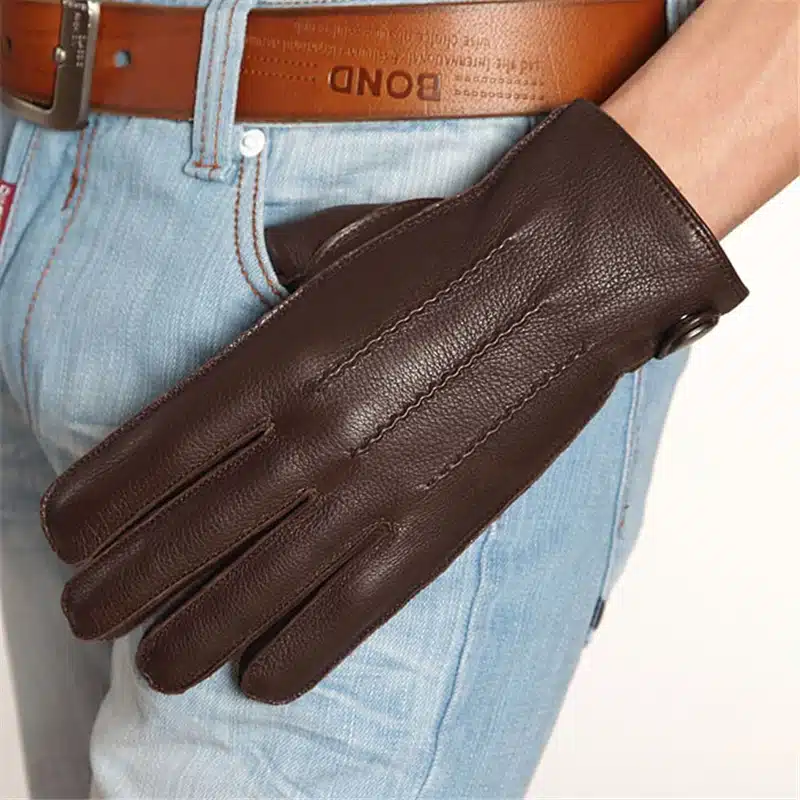 Fashion 2017 Luxury Men Deerskin Gloves Button Wrist Solid Genuine Leather Male Winter Driving Glove Free Shipping Em012wr 10