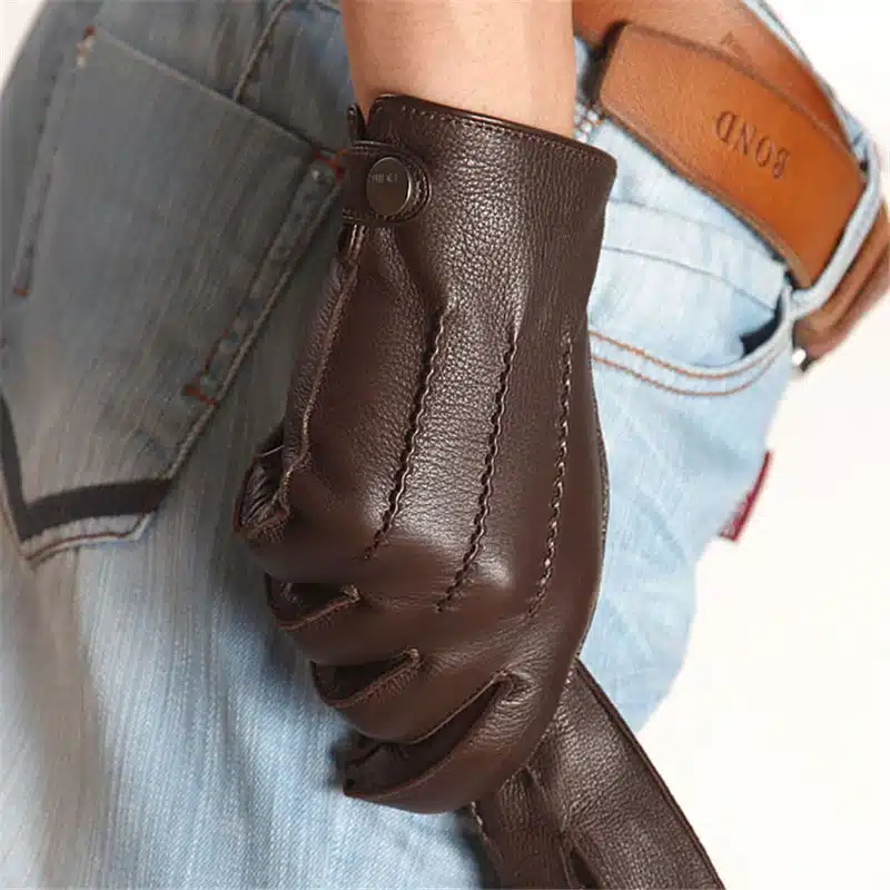 Fashion 2017 Luxury Men Deerskin Gloves Button Wrist Solid Genuine Leather Male Winter Driving Glove Free Shipping Em012wr 11