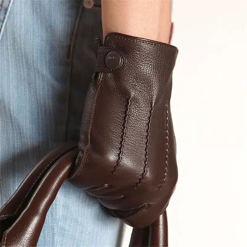 Fashion 2017 Luxury Men Deerskin Gloves Button Wrist Solid Genuine Leather Male Winter Driving Glove Free Shipping Em012wr 12