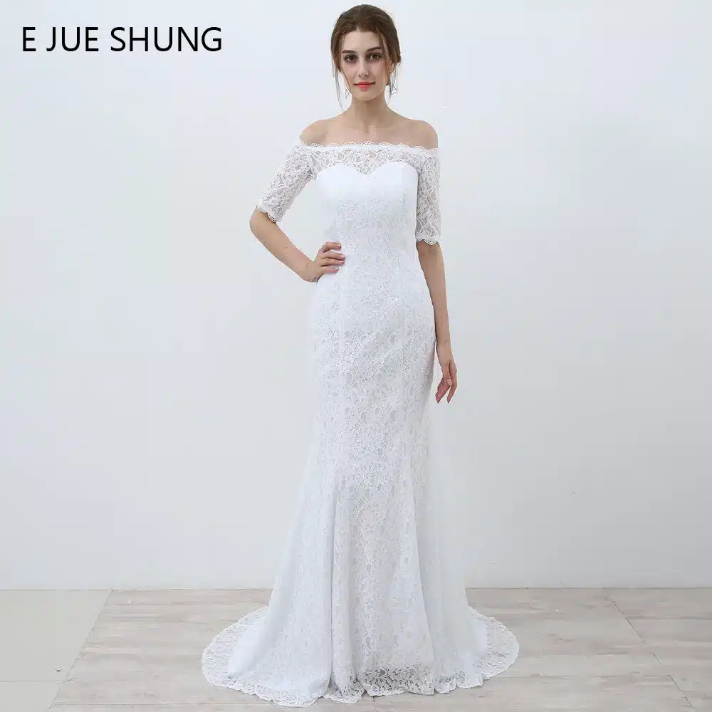 E JUE SHUNG White Vintage Lace Cheap Mermaid Wedding Dresses 2017 Off the Shoulder Half Sleeves Wedding Gowns vestidos de novia 1
