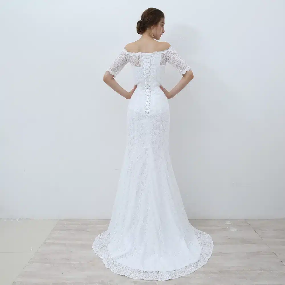 E JUE SHUNG White Vintage Lace Cheap Mermaid Wedding Dresses 2017 Off the Shoulder Half Sleeves Wedding Gowns vestidos de novia 2
