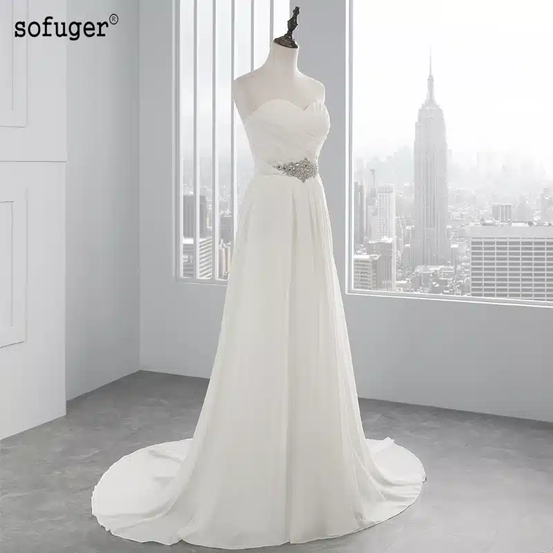2017 Hot Selling A Line chiffon Wedding Dresses Beading Vestido de Noiva Long cheap crystal Robe De Mariage With Pleats 2