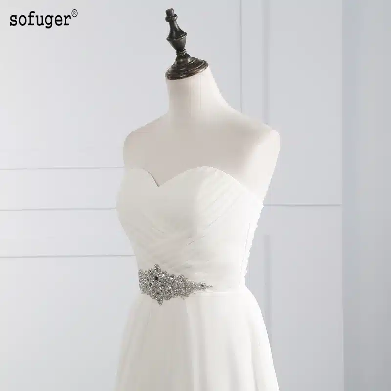2017 Hot Selling A Line chiffon Wedding Dresses Beading Vestido de Noiva Long cheap crystal Robe De Mariage With Pleats 5