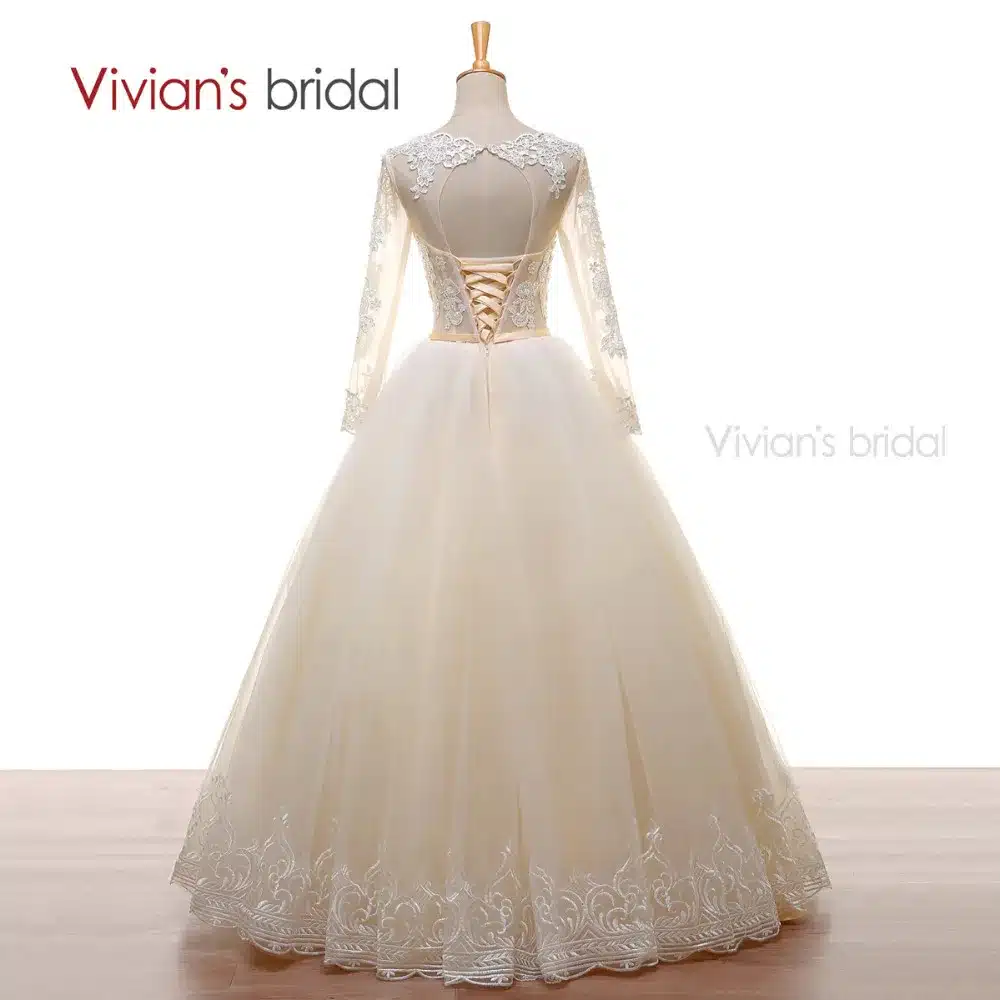 Vivian's Bridal A line Wedding Gown Long Sleeves Beads Lace Tulle Champagne Wedding Dresses Backless W2401 13