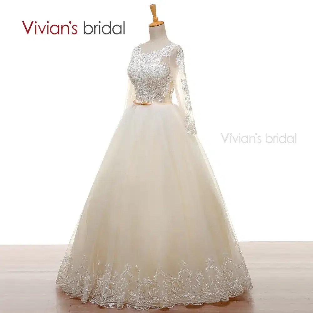 Vivian's Bridal A line Wedding Gown Long Sleeves Beads Lace Tulle Champagne Wedding Dresses Backless W2401 14