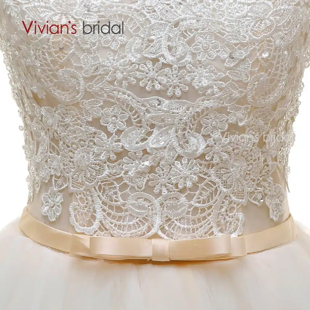 Vivian's Bridal A line Wedding Gown Long Sleeves Beads Lace Tulle Champagne Wedding Dresses Backless W2401 17