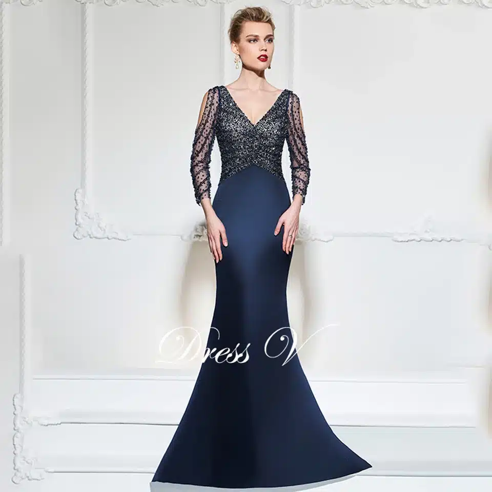 Dressv dark navy mermaid long evening dress v neck 3/4 sleeves button wedding party formal gowns dress sequins evening dresses 4