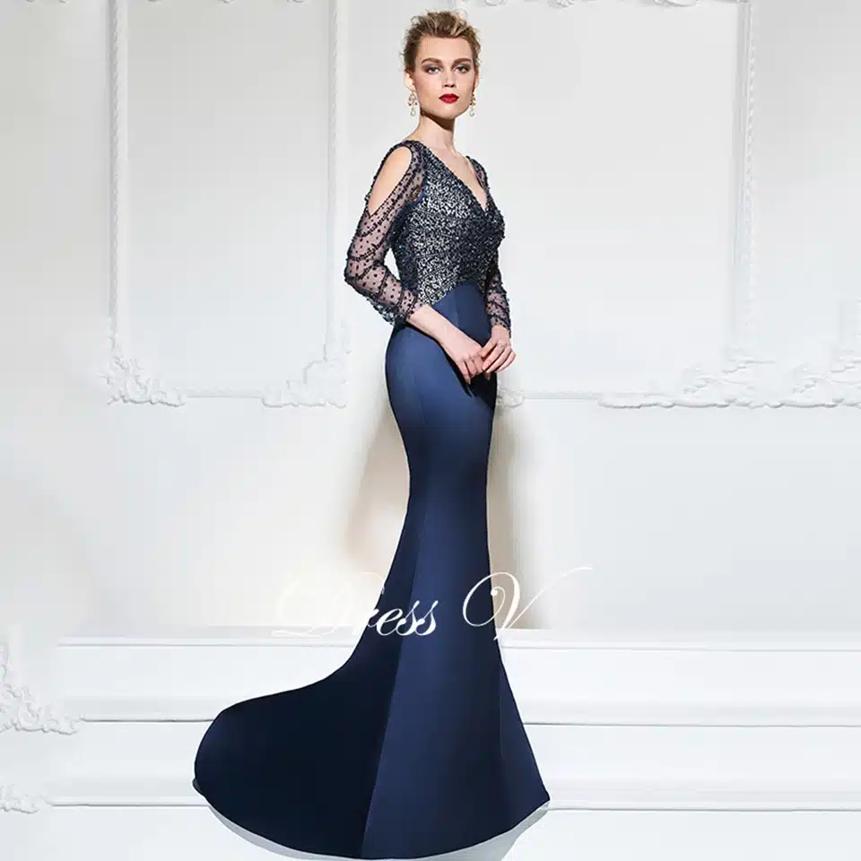 Dressv dark navy mermaid long evening dress v neck 3/4 sleeves button wedding party formal gowns dress sequins evening dresses 5