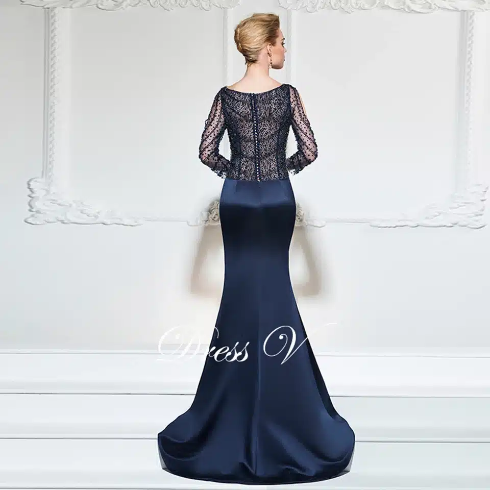 Dressv dark navy mermaid long evening dress v neck 3/4 sleeves button wedding party formal gowns dress sequins evening dresses 6