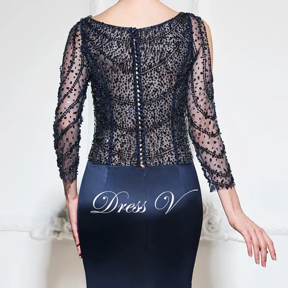 Dressv dark navy mermaid long evening dress v neck 3/4 sleeves button wedding party formal gowns dress sequins evening dresses 7
