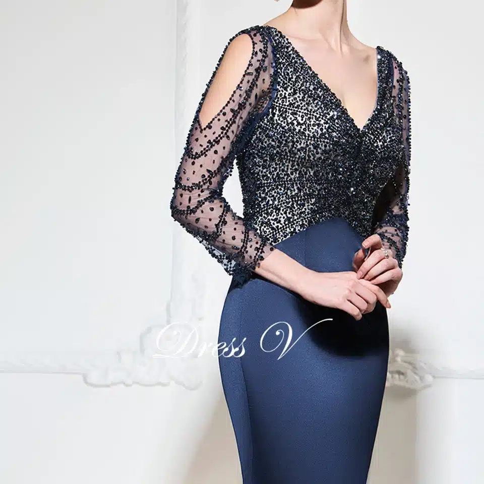 Dressv dark navy mermaid long evening dress v neck 3/4 sleeves button wedding party formal gowns dress sequins evening dresses 8