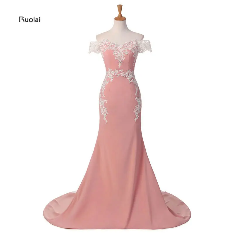 2017 Hot Sale Custom Made Pink Lace Appliques Off the Shoulder Long Mermaid Bridesmaid Dresses Maid Of Honor For Wedding Party 11