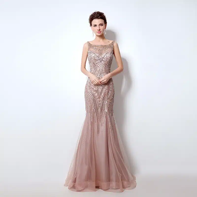 Vintage Blush Luxury Beading Mermaid Evening Dresses 2017 Long Illusion Tulle Rhinestone Women Maxi Prom Party Gowns LX029 11