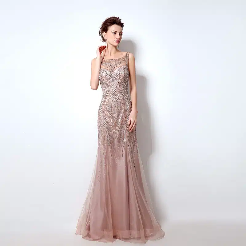 Vintage Blush Luxury Beading Mermaid Evening Dresses 2017 Long Illusion Tulle Rhinestone Women Maxi Prom Party Gowns LX029 12