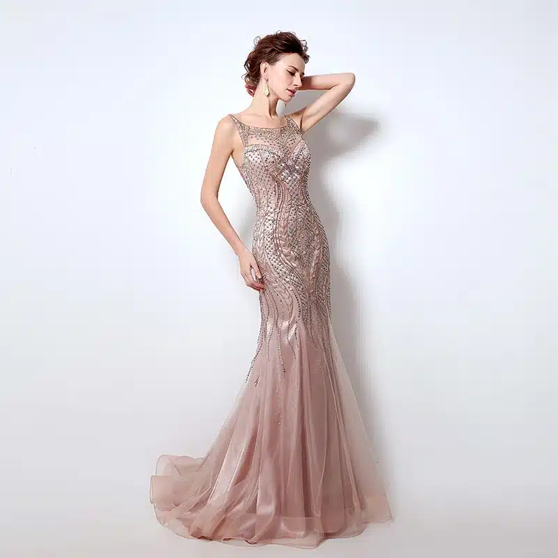 Vintage Blush Luxury Beading Mermaid Evening Dresses 2017 Long Illusion Tulle Rhinestone Women Maxi Prom Party Gowns LX029 14