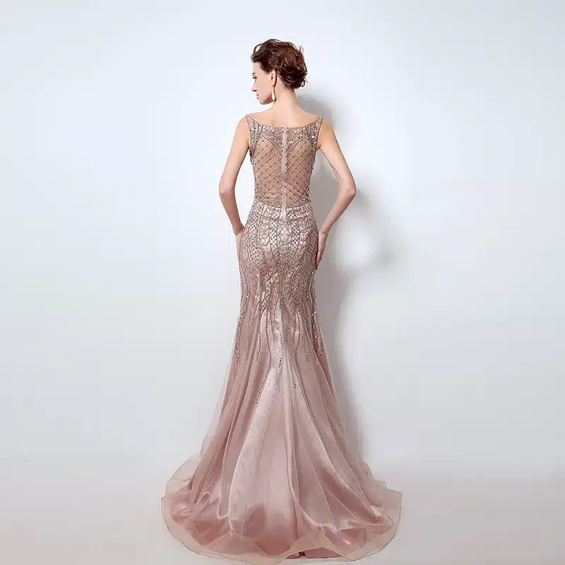 Vintage Blush Luxury Beading Mermaid Evening Dresses 2017 Long Illusion Tulle Rhinestone Women Maxi Prom Party Gowns LX029 15