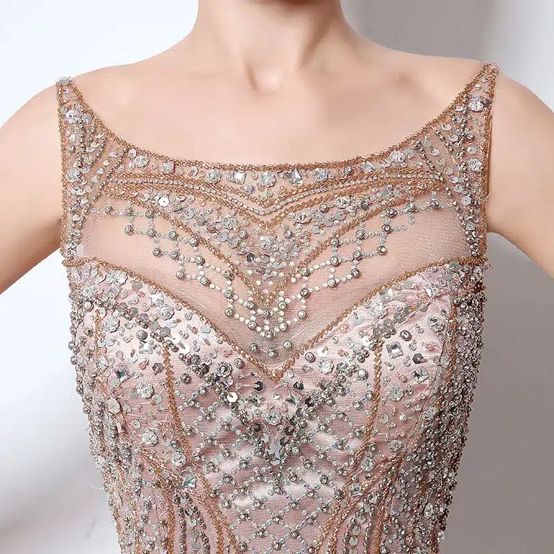 Vintage Blush Luxury Beading Mermaid Evening Dresses 2017 Long Illusion Tulle Rhinestone Women Maxi Prom Party Gowns LX029 16