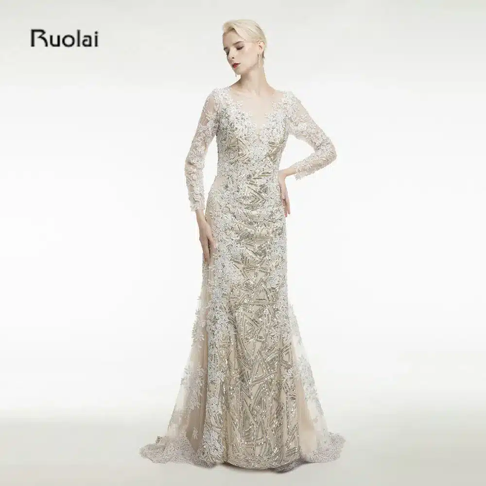 Custom Made Lace Applique Mermaid Evening Dresses Scoop Sheer Long Sleeves Gold Arab Dress Formal Evening Party robe de soiree 11