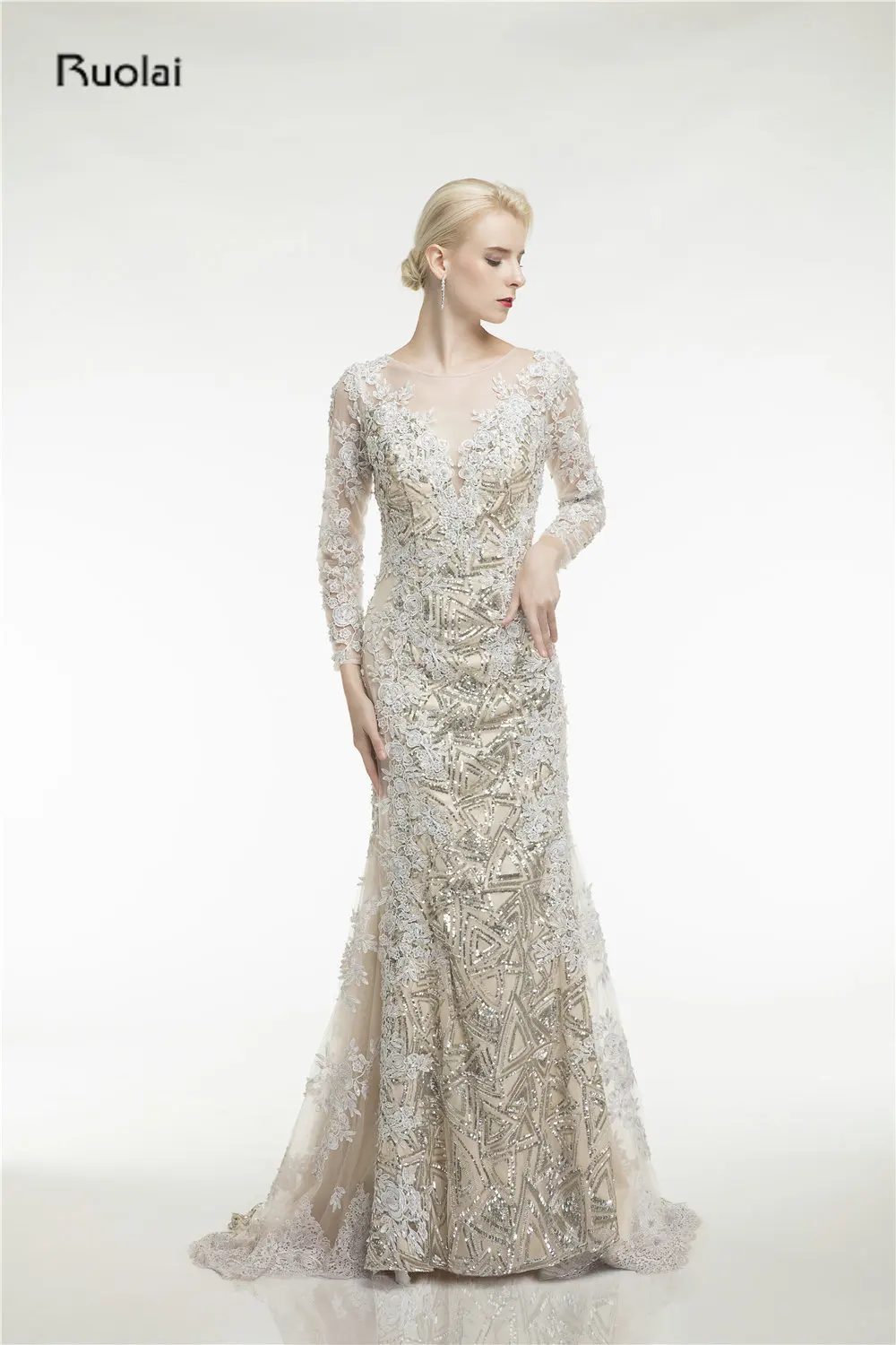 Custom Made Lace Applique Mermaid Evening Dresses Scoop Sheer Long Sleeves Gold Arab Dress Formal Evening Party robe de soiree 12