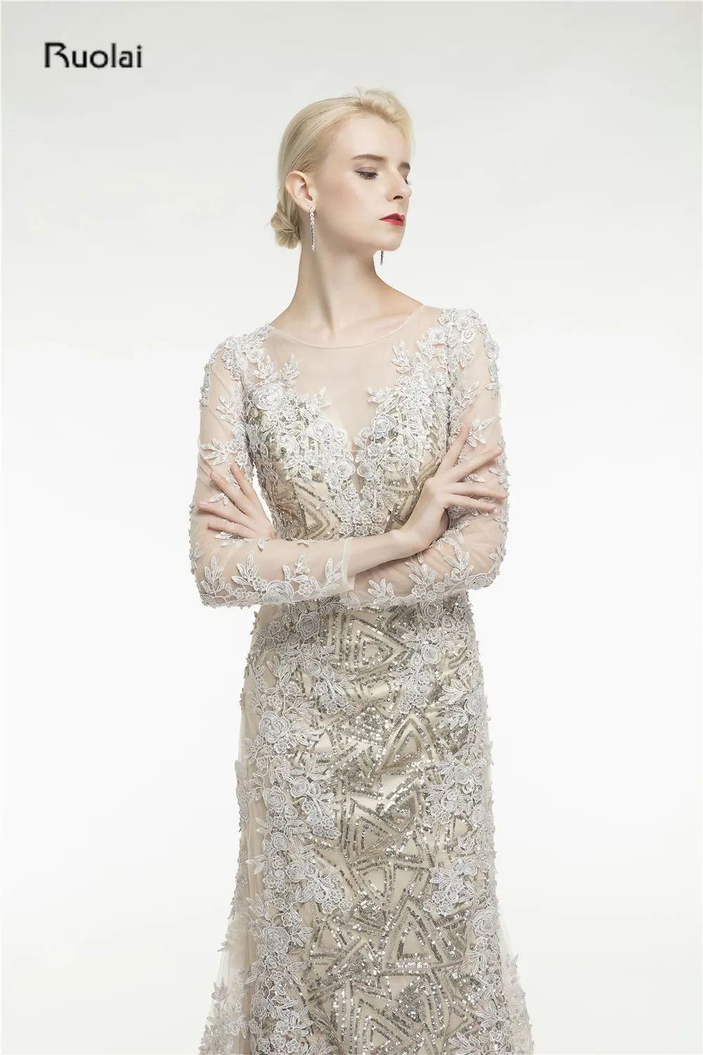 Custom Made Lace Applique Mermaid Evening Dresses Scoop Sheer Long Sleeves Gold Arab Dress Formal Evening Party robe de soiree 14