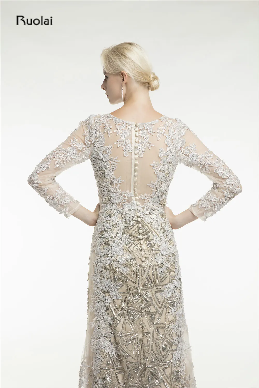 Custom Made Lace Applique Mermaid Evening Dresses Scoop Sheer Long Sleeves Gold Arab Dress Formal Evening Party robe de soiree 15
