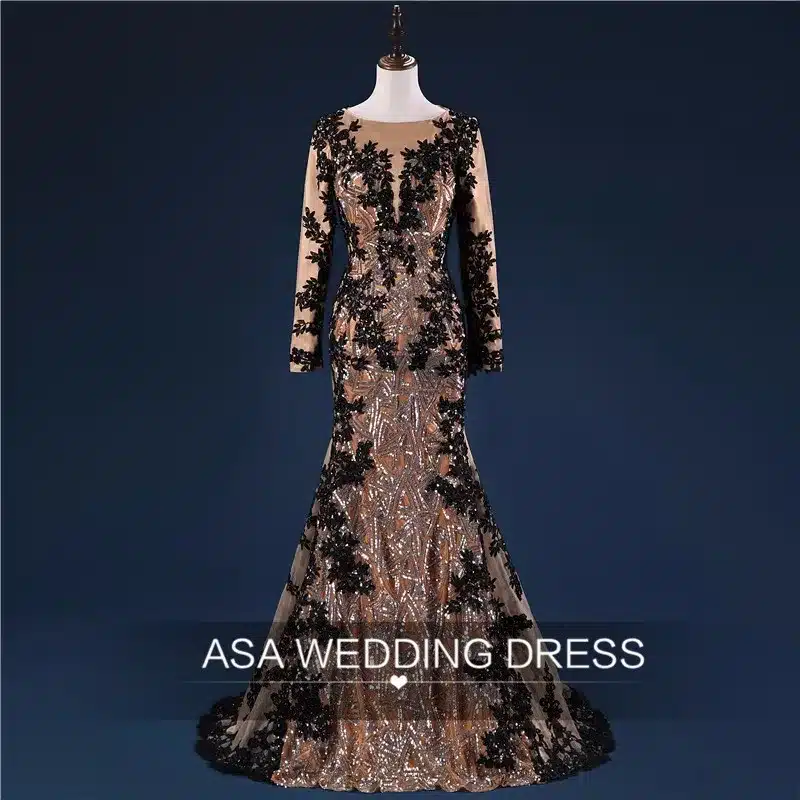Custom Made Lace Applique Mermaid Evening Dresses Scoop Sheer Long Sleeves Gold Arab Dress Formal Evening Party robe de soiree 16